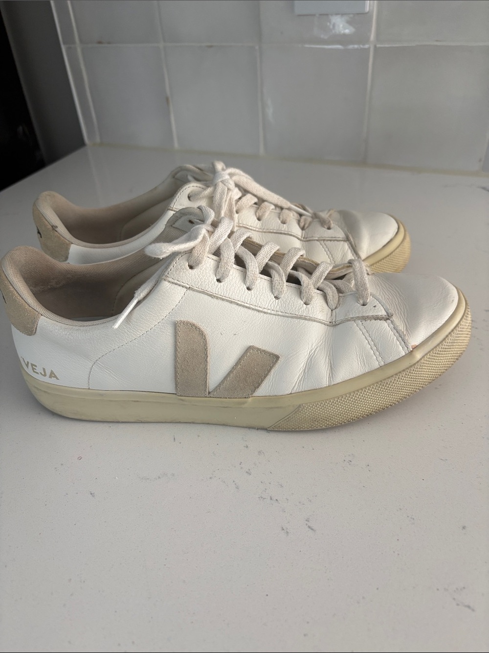 Women’s Veja Campo White Leather Sneakers with Beige V Logo